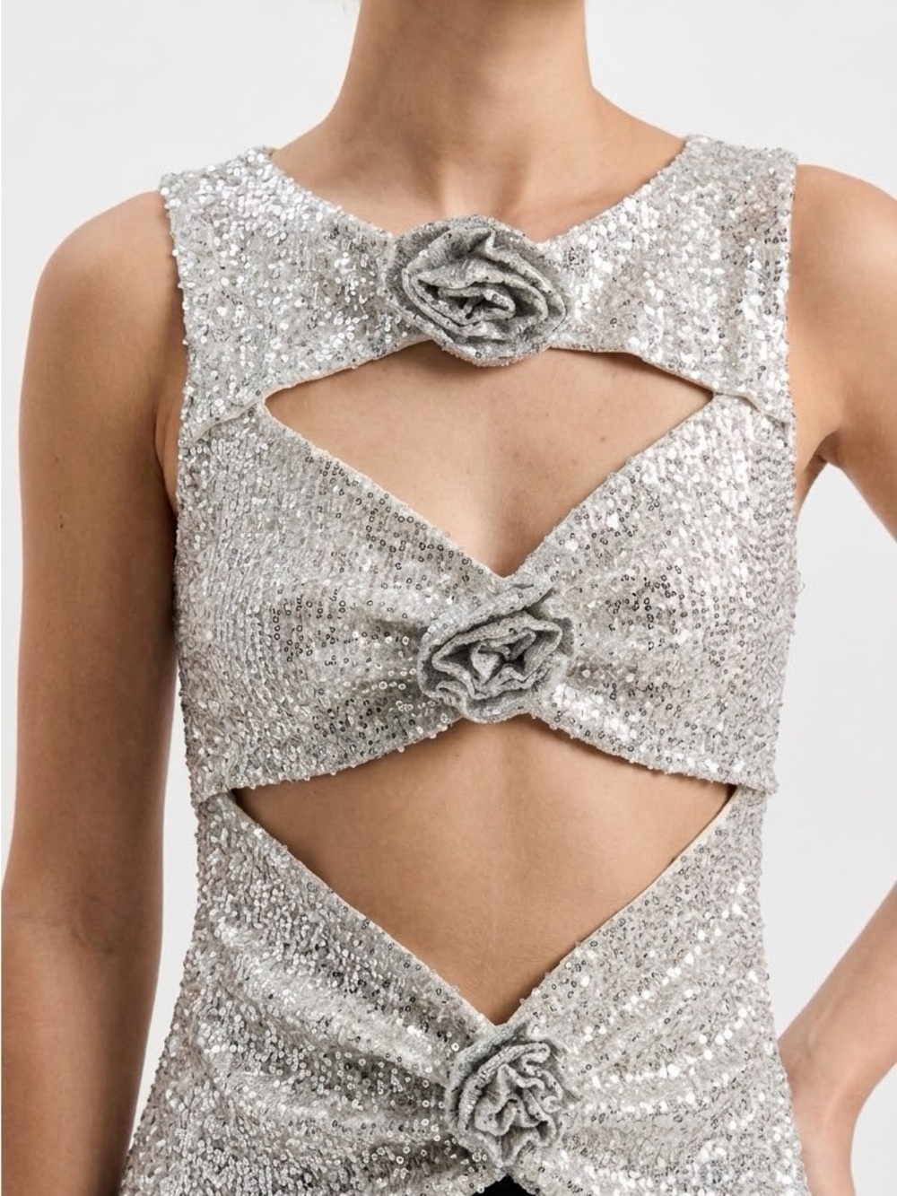 Silver Sequin Cutout blouse with Rosette Accents
